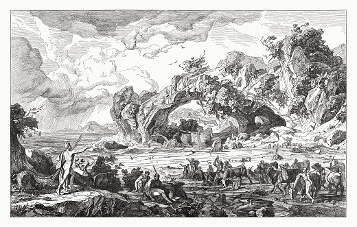 Ulysses' companions lay hands on the cattle of the sun god Helios. Scene from Homer's Odyssey (XII, 352 - 402). Wood engraving according a wall painting (1863/64) by Friedrich Preller (German painter, 1804 - 1878) in the Museum Weimar, Germany (destroyed in WW2), publshed in 1881.