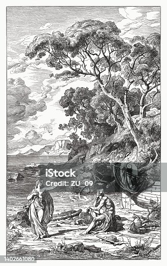 istock Ulysses is sent home by the nymph Calypso, woodcut, 1881 1402661080