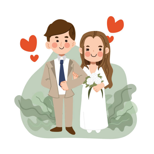 Cute Wedding Couple Vector Cartoon Character Illustration Stock  Illustration - Download Image Now - iStock