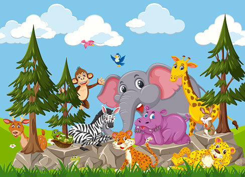 Wild Animal Group Cartoon Character In The Forest Stock Illustration -  Download Image Now - Africa, Animal, Animal Wildlife - iStock