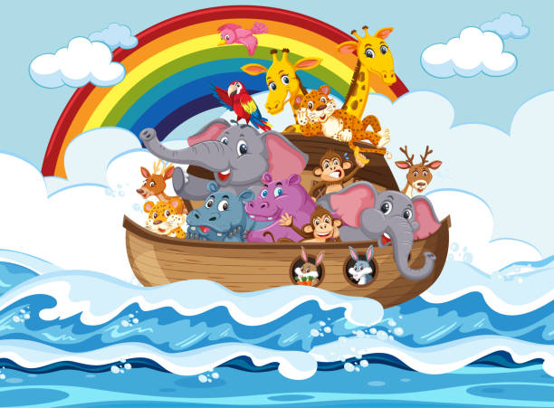 illustrations, cliparts, dessins animés et icônes de animaux sur l’arche de noé flottant dans la scène océanique - arche de noé