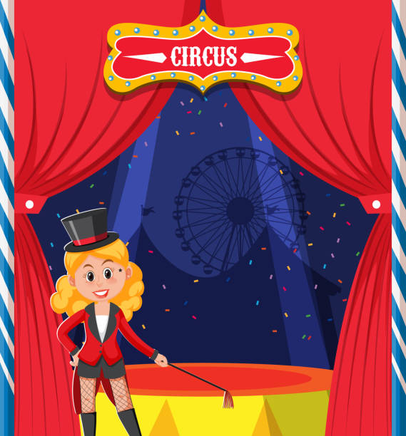 illustrazioni stock, clip art, cartoni animati e icone di tendenza di personaggio della ragazza mago sul palco - curtain red color image clown