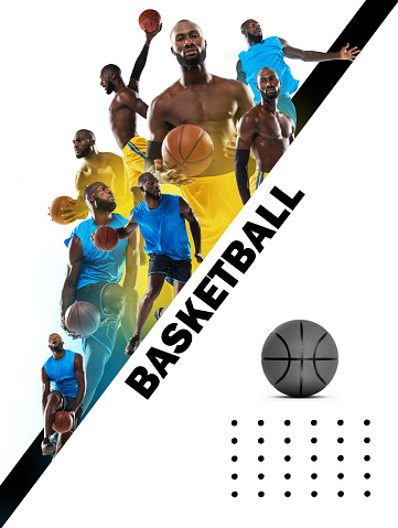 Competition, challenges. Sports poster with different images of male professional basketball player isolated over white background. Concept of healthy lifestyle, achievements, goals, hobby and ad.