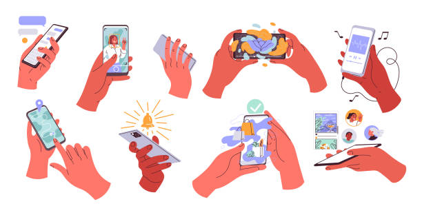 ręce trzymające smartfon. osoby korzystające z telefonów komórkowych - touching human finger human thumb human hand stock illustrations