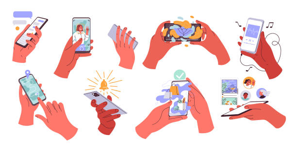 Hands holding smartphone. People using mobile phones Hands holding smartphone. People using mobile phones. iphone hand stock illustrations