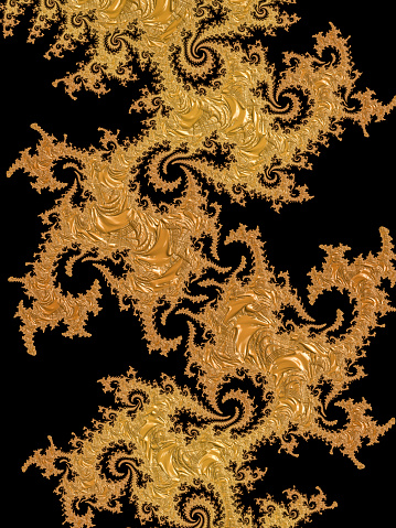 Textured black fractal background, on which its golden patterns remind those of old tapestry work.