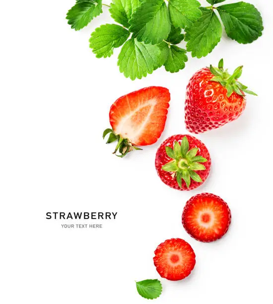 Fresh strawberry fruits and leaves composition and creative layout isolated on white background. Healthy eating and food concept. Top view, flat lay. Design element