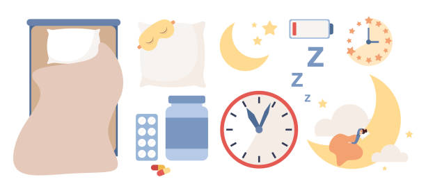 Sleep icon set. Sleep control. Sweet dreams. Sleep time. Good health, work of biological rhythms. Sleeping pills, alarm clock, pillow, sleeping mask, bed, moon, cloud, stars. Vector flat illustration Sleep icon set. Sleep control. Sweet dreams. Sleep time. Good health, work of biological rhythms. Sleeping pills, alarm clock, pillow, sleeping mask, bed, moon, cloud, stars. Vector sleep eye mask stock illustrations