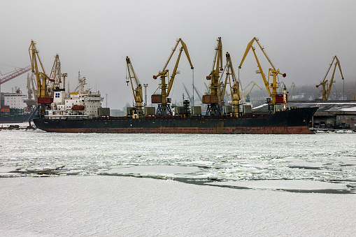 Panorama of frozen sea port in winter, Odessa, Ukraine