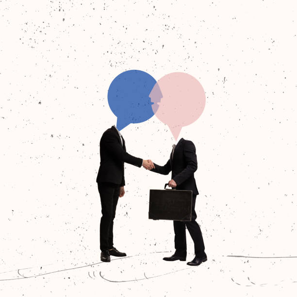 istock Contemporary art collage. Conceptual image. Two businessmen with transparent speech bubble head shaking hands. Business deal, empty mind 1402671106