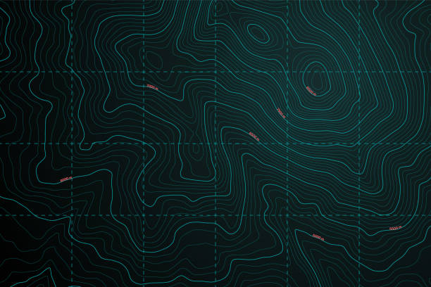 Modern Detailed Digital UI Topographic Contour Outline Map Vector Background Modern Detailed Digital UI Topographic Contour Outline Map Vector Abstract Geography Turquoise Background. Geographic Topology Structure With Slope Depth Conceptual Cartographic Art Illustration topology stock illustrations