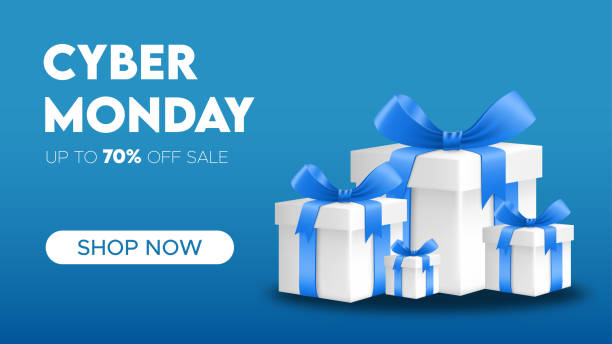 현실적인 선물 상자와 사이버 월요일 판매, 헤더 또는 웹 사이트에 대한 판매 배경 수평 배너, 벡터 디자인. - gift blue gift box box stock illustrations