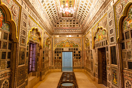 Rich decorated interior of the Mehrangarh fort in Jodhpur, Rajasthan, India, Asia