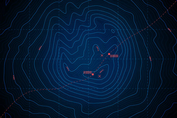stockillustraties, clipart, cartoons en iconen met sea abyss vector topographic map with depth route and coordinate blue background - onderzeeër