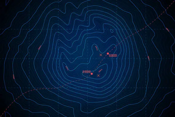 Vector illustration of Sea Abyss Vector Topographic Map With Depth Route And Coordinate Blue Background