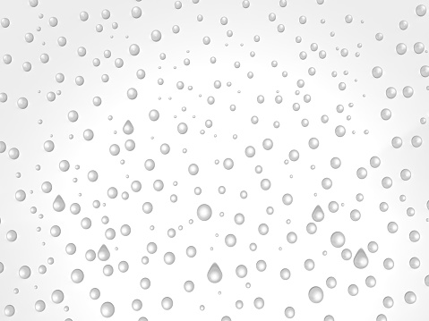 3D Illustration.Beautiful transparent water droplets on white and gray background. (Horizontal)