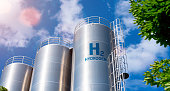 istock Hydrogen renewable energy production - hydrogen gas for clean electricity solar and windturbine facility 1402672779