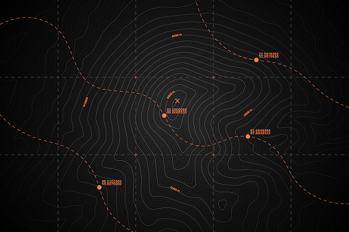 Vector Modern Dark Grey Topography Contour Map With Relief Elevation. Geographic Terrain Area Satellite View Digital Cartographic UI. Mountains Hiking Route Coordinates Abstract Illustration