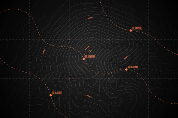 Vector Black Topography Contour Map With Relief Elevation Route And Coordinates Vector Modern Dark Grey Topography Contour Map With Relief Elevation. Geographic Terrain Area Satellite View Digital Cartographic UI. Mountains Hiking Route Coordinates Abstract Illustration coordination stock illustrations