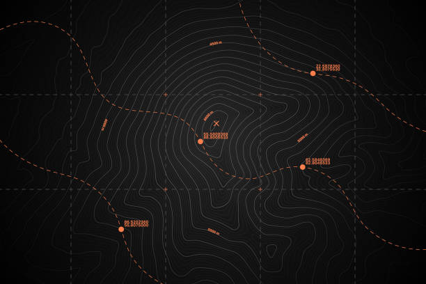 Vector Black Topography Contour Map With Relief Elevation Route And Coordinates Vector Modern Dark Grey Topography Contour Map With Relief Elevation. Geographic Terrain Area Satellite View Digital Cartographic UI. Mountains Hiking Route Coordinates Abstract Illustration relief map stock illustrations