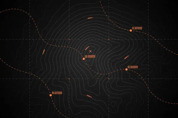 Vector illustration of Vector Black Topography Contour Map With Relief Elevation Route And Coordinates