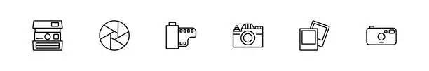 Vector illustration of Set of vector icons on theme of photography. Contains Icons Camera, Film, Portrait, Shutter. For Web Design and Application. Vector sign in simple style isolated on white background.