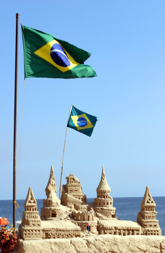 Brazilian flag on Copacabana beach in Rio de Janeiro