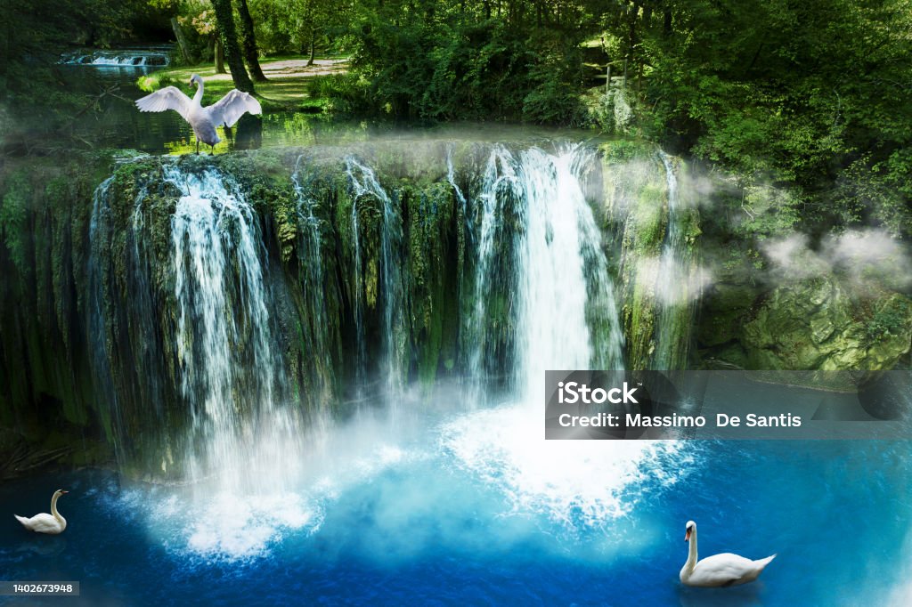 waterfall of the river elsa in the village of colle di val d'elsa with three tuscan swans Beauty Stock Photo