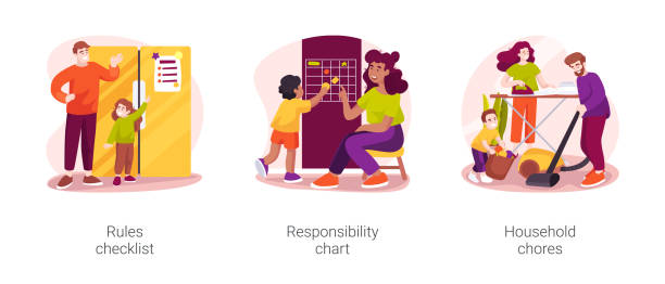 Family rules isolated cartoon vector illustration set Family rules isolated cartoon vector illustration set. Rules checklist hanging on the fridge, responsibility chart, family member duty, help with household chores, home routine vector cartoon. school cleaning stock illustrations