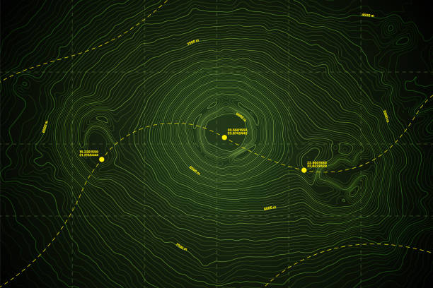 illustrazioni stock, clip art, cartoni animati e icone di tendenza di mappa topografica vettoriale dell'abisso marino con percorso di profondità e coordinate sfondo verde - immagine coordinata
