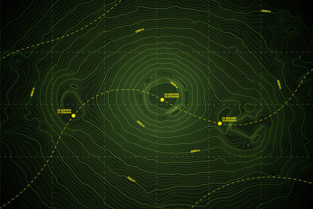 Sea Abyss Vector Topography Map With Depth Route And Coordinate Green Background Sea Abyss Crater Vector Topographic Map With Depth Route And Coordinates Conceptual User Interface Dark Green Background. Topography Relief Of Dormant Volcano Underwater Area Abstract Illustration relief map stock illustrations