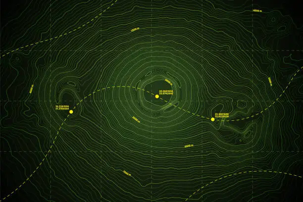 Vector illustration of Sea Abyss Vector Topography Map With Depth Route And Coordinate Green Background
