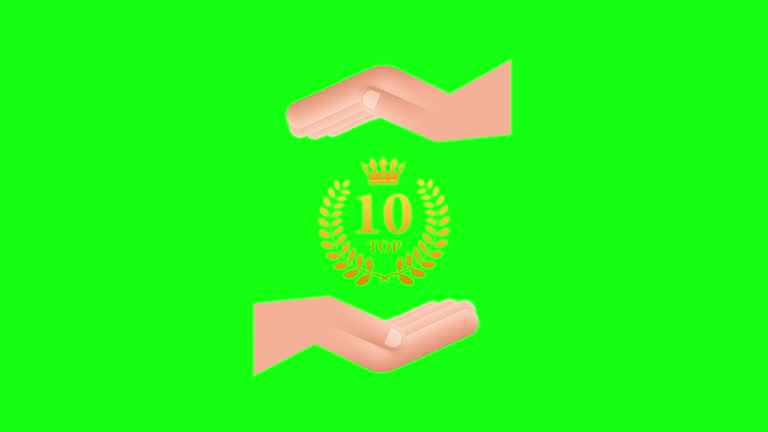 Top 10 label in hands. Golden laurel wreath icon. Motion graphics 4k