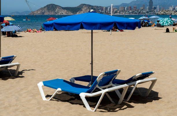 Two empty sun loungers for rent with a blue umbrella, on the beach of Benidorm on a sunny day.