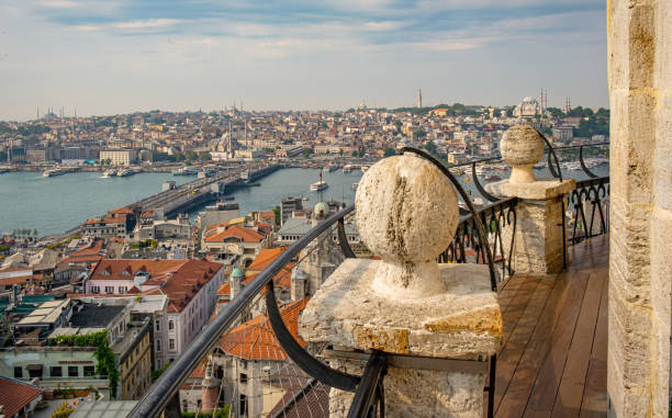 panoramic view of golden horn and galata bridge, istanbul from galata tower - galata kulesi fotoğraflar stok fotoğraflar ve resimler