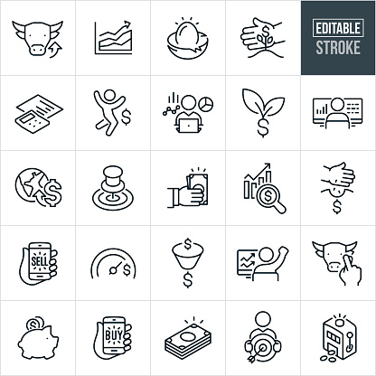 A set of icons illustrating the highs of the stock market. They include editable strokes or outlines using the EPS vector file. The icons include a bull market, graph moving upwards, healthy nest egg, hand sheltering plant with dollar sign to represent growing investment, calculator with graph on page moving up, investor jumping for joy over stock growth, stock broker at computer with graphs, money growth, global markets, bullseye, hand giving cash earnings, upwards bar graph, planting seeds for financial growth, hand holding a smartphone with the word 