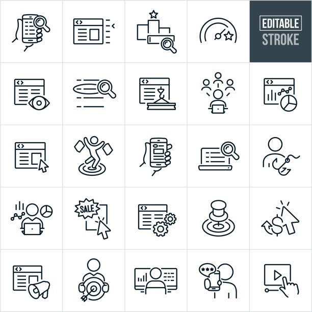 SEO Thin Line Icons - Editable Stroke A set of SEO icons that include editable strokes or outlines using the EPS vector file. The icons include an internet search using a smartphone, website page popularity, search engine with winners podium, goal meter, website views, website search placement, webpage build, social media, website analytics, webpage content, target shopper, hand holding a smartphone with a webpage on the screen, search engine on laptop computer, target market, web developer, website specialist, online sale, bullseye, online marketing, website rating, online video and other related icons. strategy clipart stock illustrations