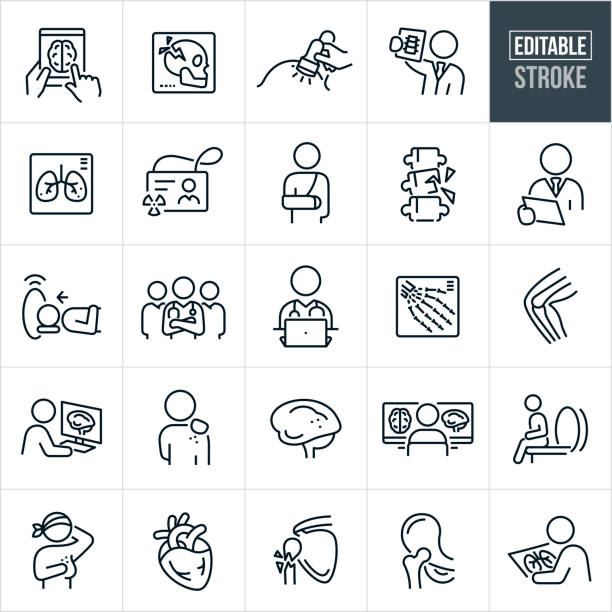Radiology Thin Line Icons - Editable Stroke A set of radiology icons that include editable strokes or outlines using the EPS vector file. The icons include a team of radiologists facing the camera, X-ray of a skull fracture, ultrasound being performed on pregnant stomach, radiologist holding up an X-ray of a human spine, X-ray of human lungs, radiologist photo ID badge, patient with a broken arm, fractured spine, radiologist checking images, patient getting a MRI scan, human brain images being reviewed on tablet PC, human hand X-ray, human knee X-ray, radiologist examining brain scans on desktop computer, person with skin cancer, brain with cancer or other lesions, woman with breast cancer, human heart, fractured shoulder, human joint, human hip and a radiologist examining medical scans. x ray image stock illustrations