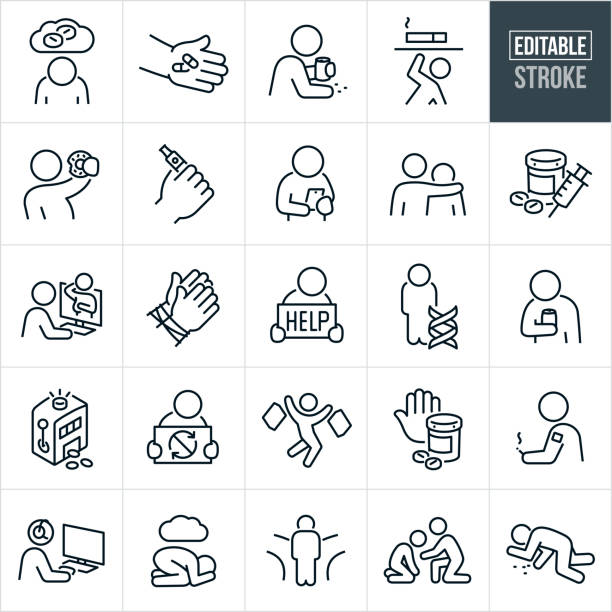 addiction thin line icons - editable stroke - bağımlılık stock illustrations