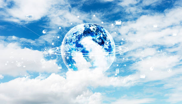 Landscape blue cloud sky background and network connection concept. Cloudy sky background concept stock photo