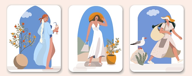 Set of four conceptual vector illustrations with girls, women on vacation with arches, old streets, cities, holiday mood, summer time, sea air.