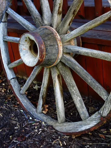 Old worn wagon wheel wagonwheel in garden against red wall with white spokes and hub historic decoration