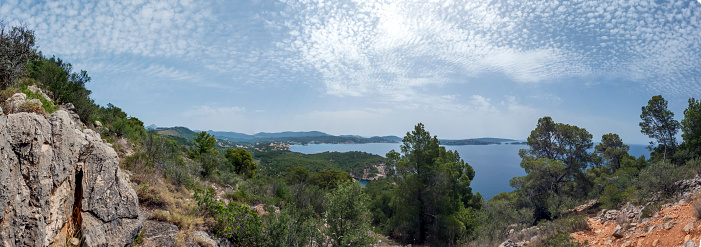 Panoramic view of the Majorca coast with the view on the sea, cliffs, forest and summer sky, Mallorca, Balearic islands, Spain, Europe