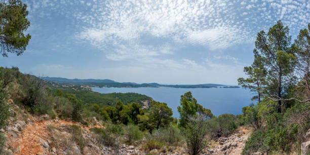 Viewpoint of the Majorca coastline with the view on the sea, cliffs, forest and summer sky, Mallorca, Balearic islands, Spain Panoramic view of the Majorca coast with the view on the sea, cliffs, forest and summer sky, Mallorca, Balearic islands, Spain, Europe seaside views of cala fornells mallorca stock pictures, royalty-free photos & images