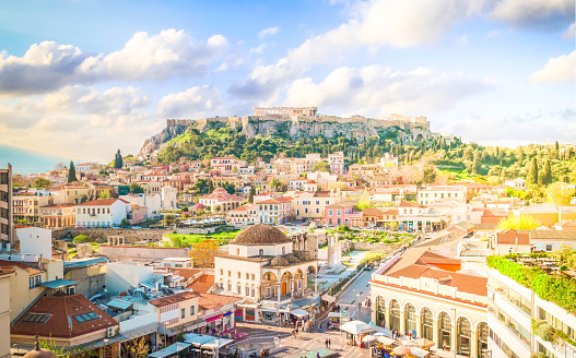 Skyline of Athenth with Moanstiraki square and Acropolis hill at summer, Athens Greece