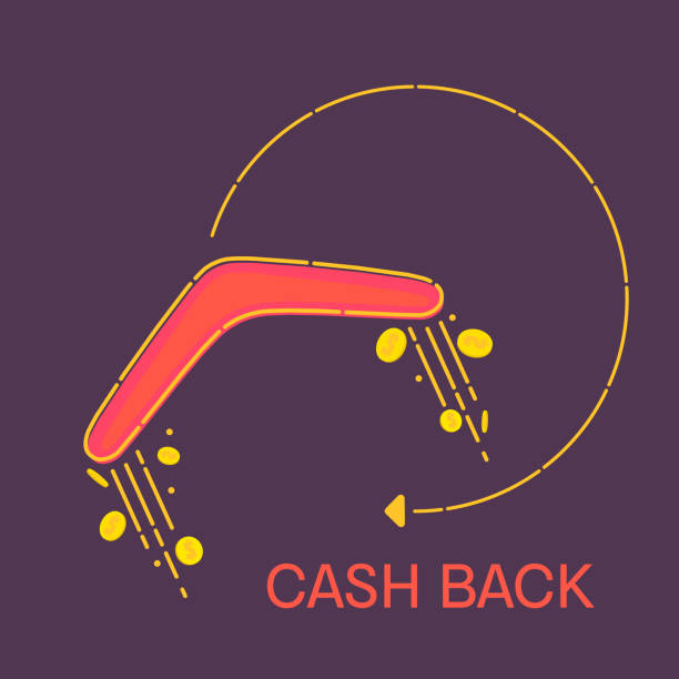 Money cash back guarantee offer service concept Cash back reward concept. Turning back boomerang with gold dollar coins in the sky. Money rebate design template in cartoon style. Vector illustration. Perfect for credit card companies. boomerang stock illustrations