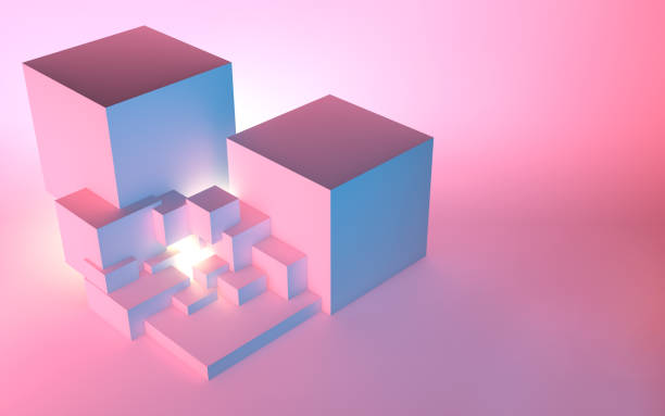 istock Abstract architectural vaporwave background with cube construction in pink and blue lights stage and light beam inside 1402684596