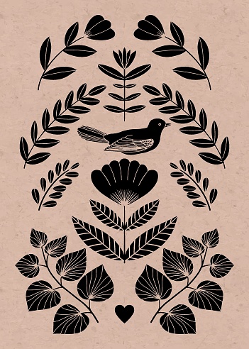 Symmetrical ornament with bird, flowers and leaves with different folk compositions. Motif in scandinavian style. Ethnic flat illustration with paper texture in black.