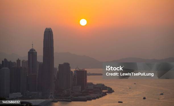 Towers At Hong Kong Island During Sunset Stock Photo - Download Image Now - Afterglow, Architecture, Asia Pac