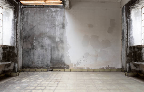 istock Interior of abandoned and ruined house with broken wall. old interior with broken concrete wall. old brick wall 1402686626